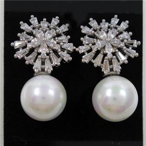 copper earring paved zircon with pearl shell, platinum plated, approx 12mm, 16mm dia [FDZN6973]