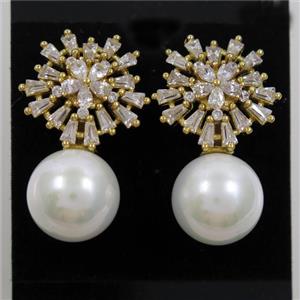 copper earring paved zircon with pearl shell, gold palted, approx 12mm, 16mm dia [FDZN6974]