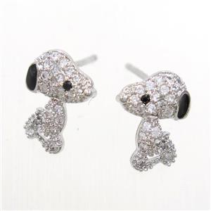 copper dog Earring studs paved zircon, platinum plated, approx 9-12mm [FDZN6975]