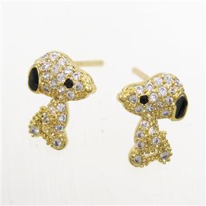 copper dog Earring studs paved zircon, gold plated, approx 9-12mm [FDZN6976]
