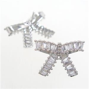 copper Earring studs paved zircon, cancer ribbons, platinum plated, approx 16-20mm [FDZN6981]