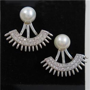 copper fan earring paved zircon, platinum plated, approx 7mm, 21mm [FDZN6983]