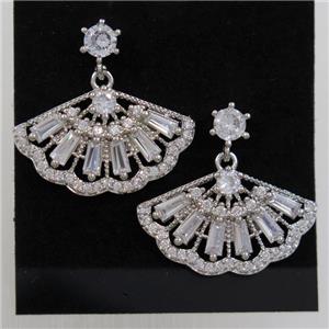 copper fan earring paved zircon, platinum plated, approx 13-23mm [FDZN6985]