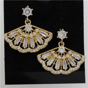 copper fan earring paved zircon, gold plated, approx 13-23mm [FDZN6986]