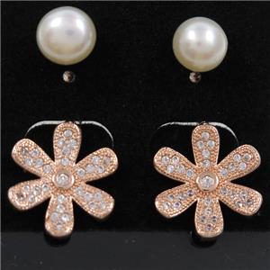 copper flower earring paved zircon with pearl, rose gold, approx 7mm, 14mm dia [FDZN6987]