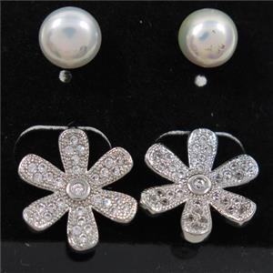 copper flower earring paved zircon with pearl, platinum plated, approx 7mm, 14mm dia [FDZN6988]