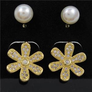 copper flower earring paved zircon with pearl, gold plated, approx 7mm, 14mm dia [FDZN6989]