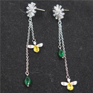 copper earring paved zircon, platinum plated, approx 8-12mm, 55mm length [FDZN6990]