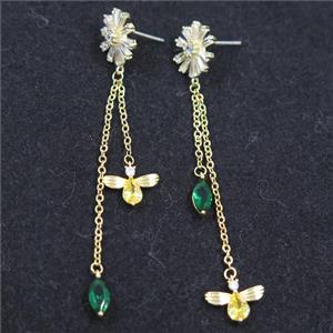 copper earring paved zircon, gold plated, approx 8-12mm, 55mm length [FDZN6991]