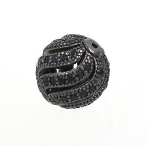 copper round beads paved zircon, hollow, black plated, approx 10mm dia [FDZN7033]