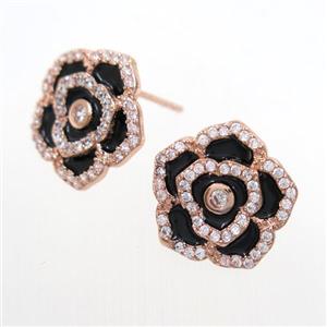 copper flower Earring studs paved zircon, enamel, rose gold, approx 15mm dia [FDZN7051]