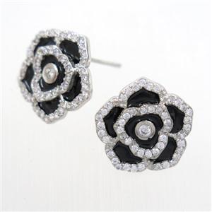 copper flower Earring studs paved zircon, enamel, platinum plated, approx 15mm dia [FDZN7052]