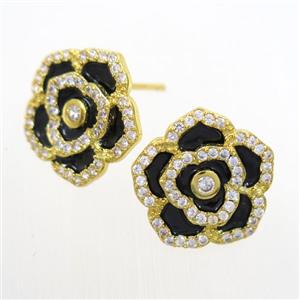 copper flower Earring studs paved zircon, enamel, gold plated, approx 15mm dia [FDZN7053]