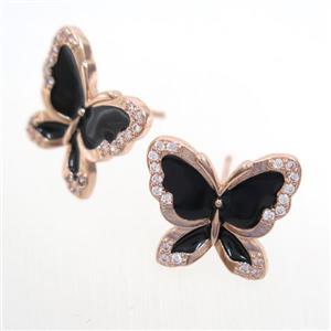 copper butterfly Earring studs paved zircon, enamel, rose gold, approx 15-17mm [FDZN7054]