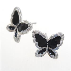 copper butterfly Earring studs paved zircon, enamel, platinum plated, approx 15-17mm [FDZN7055]