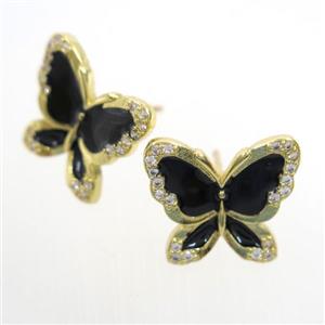copper butterfly Earring studs paved zircon, enamel, gold plated, approx 15-17mm [FDZN7056]