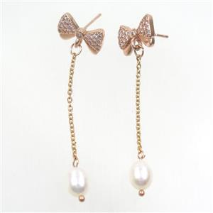 copper butterfly Earring paved zircon with white pearl, rose gold, approx 7-8mm, 10-14mm, 35mm length [FDZN7057]