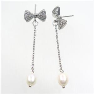 copper butterfly Earring paved zircon with white pearl, platinum plated, approx 7-8mm, 10-14mm, 35mm length [FDZN7058]
