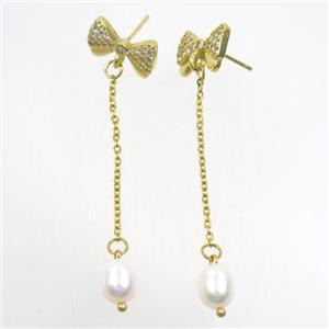 copper butterfly Earring paved zircon with white pearl, gold plated, approx 7-8mm, 10-14mm, 35mm length [FDZN7059]