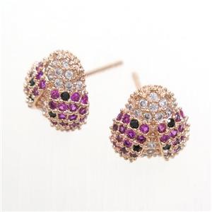 copper beetle earring studs paved zircon, rose gold, approx 10-11mm [FDZN7060]