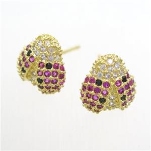 copper beetle earring studs paved zircon, gold palted, approx 10-11mm [FDZN7062]