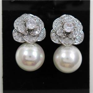 copper flower earring paved zircon with pearl shell, platinum plated, approx 12mm, 14mm [FDZN7063]