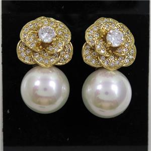 copper flower earring paved zircon with pearl shell, gold plated, approx 12mm, 14mm [FDZN7064]
