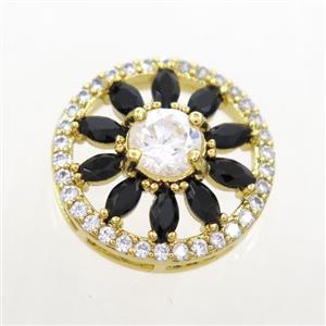 copper sunflower connector pave black zircon, gold plated, approx 16mm dia [FDZN7071]
