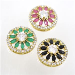 copper sunflower connector pave zircon, mixed, gold plated, approx 16mm dia [FDZN7073]