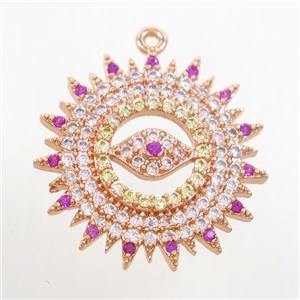 copper sun pendant paved zircon with eye, rose gold, approx 20mm dia [FDZN7074]