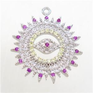 copper sun pendant paved zircon with eye, platinum plated, approx 20mm dia [FDZN7075]