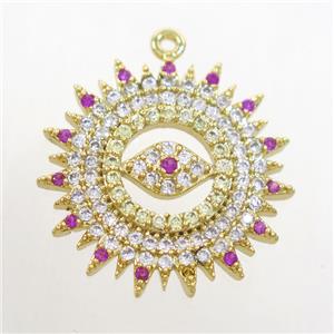 copper sun pendant paved zircon with eye, gold plated, approx 20mm dia [FDZN7076]