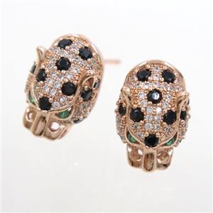 copper leopardhead earring studs paved zircon, rose gold, approx 10.5-16mm [FDZN7094]