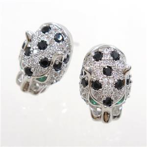 copper leopardhead earring studs paved zircon, platinum plated, approx 10.5-16mm [FDZN7095]