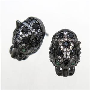 copper leopardhead earring studs paved zircon, black plated, approx 10.5-16mm [FDZN7097]