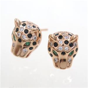 copper leopardhead earring studs paved zircon, rose gold, approx 10-12mm [FDZN7098]