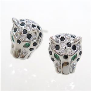 copper leopardhead earring studs paved zircon, platinum plated, approx 10-12mm [FDZN7099]