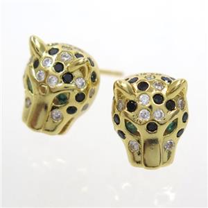 copper leopardhead earring studs paved zircon, gold plated, approx 10-12mm [FDZN7100]