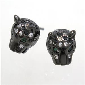 copper pantherhead earring studs paved zircon, black plated, approx 10-12mm [FDZN7101]