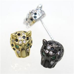 copper pantherhead earring studs paved zircon, mix color, approx 10-12mm [FDZN7102]