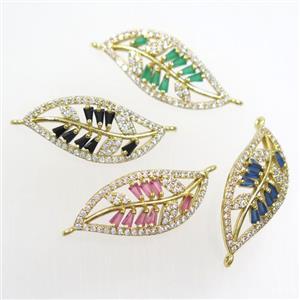 copper leaf connector paved zircon, mixed, gold plated, approx 12-27mm [FDZN7132]
