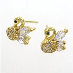 copper swan earring studs paved zircon, gold plated, approx 10mm [FDZN7141]