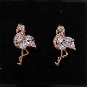 copper crane earring studs paved zircon, rose gold, approx 9-16mm [FDZN7142]