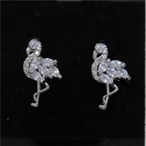 copper crane earring studs paved zircon, platinum plated, approx 9-16mm [FDZN7143]