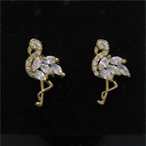 copper crane earring studs paved zircon, gold plated, approx 9-16mm [FDZN7144]