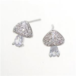 Copper Mushroom Stud Earring Pave Zircon Platinum Plated, approx 7-9mm [FDZN7146]