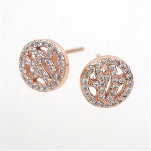 copper earring stud paved zircon, rose gold, approx 9mm dia [FDZN7148]