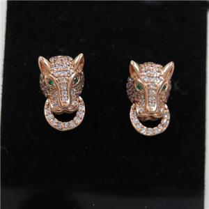 copper wolfhead earring stud paved zircon, rose gold, approx 8-13mm [FDZN7154]
