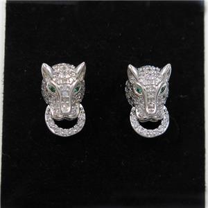 copper wolfhead earring stud paved zircon, platinum plated, approx 8-13mm [FDZN7155]