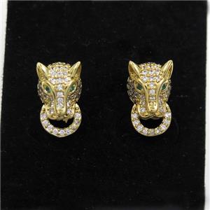 copper wolfhead earring stud paved zircon, gold plated, approx 8-13mm [FDZN7156]